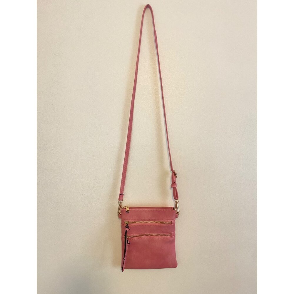 Pink Faux Leather Crossbody Bag With Gold Zippers & Adjustable Strap